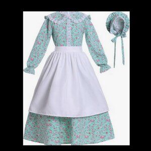 Girls Pioneer Prairie Costume Dress W/Bonnet Floral Colonial Village Sz 10-12 M